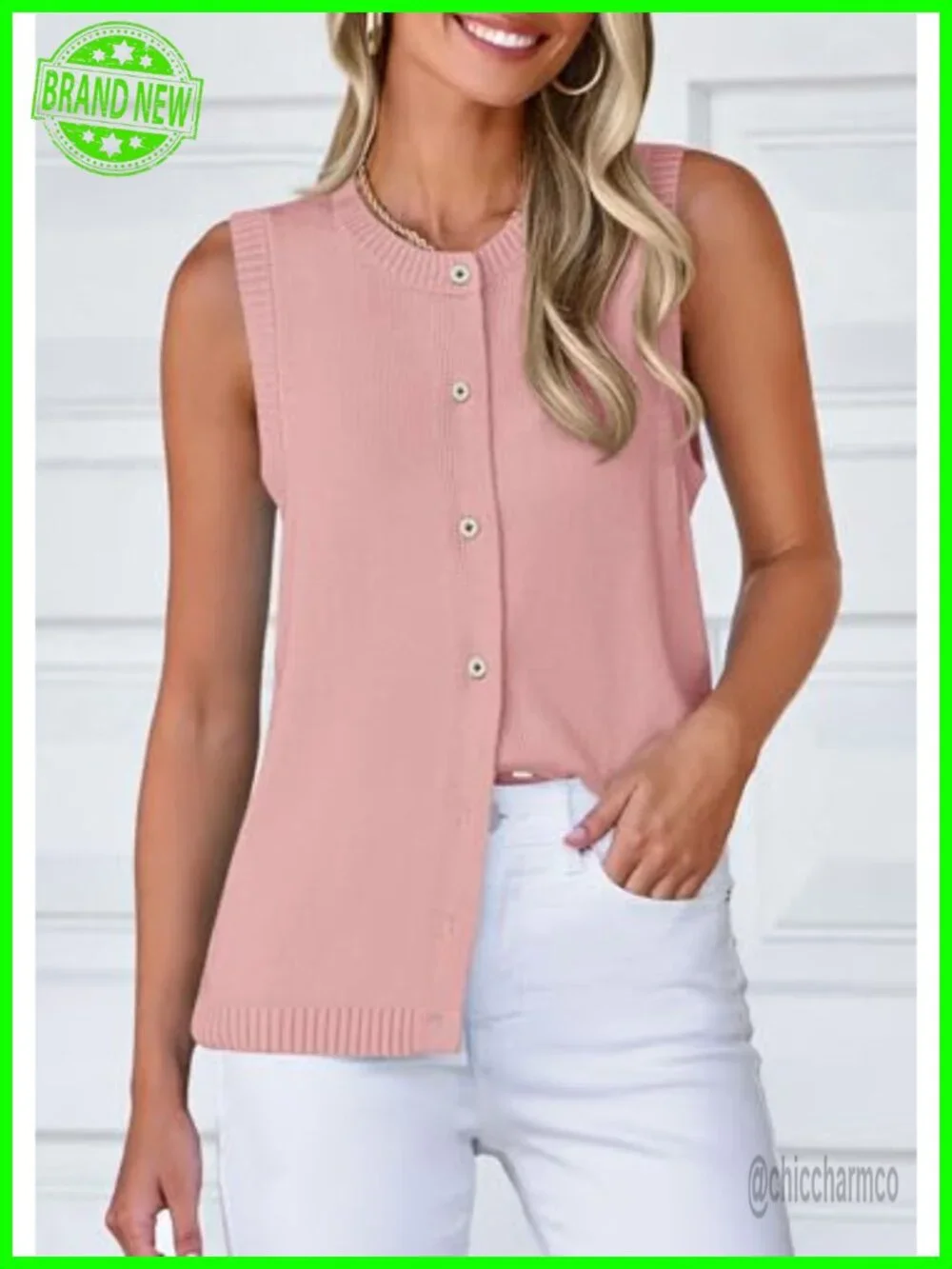 Lightweight Sleeveless Button Up Knit Vest Top for Women